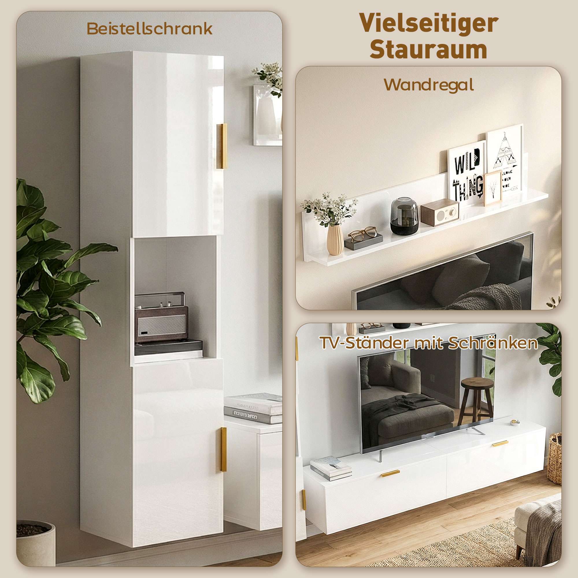 Flytande TV-bänk med fällbara dörrar, 180 cm blank vit