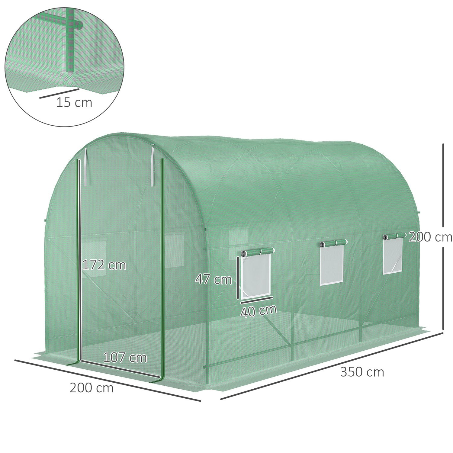 Växthusfolietunnel med fönster, 350x200x200 cm, grön