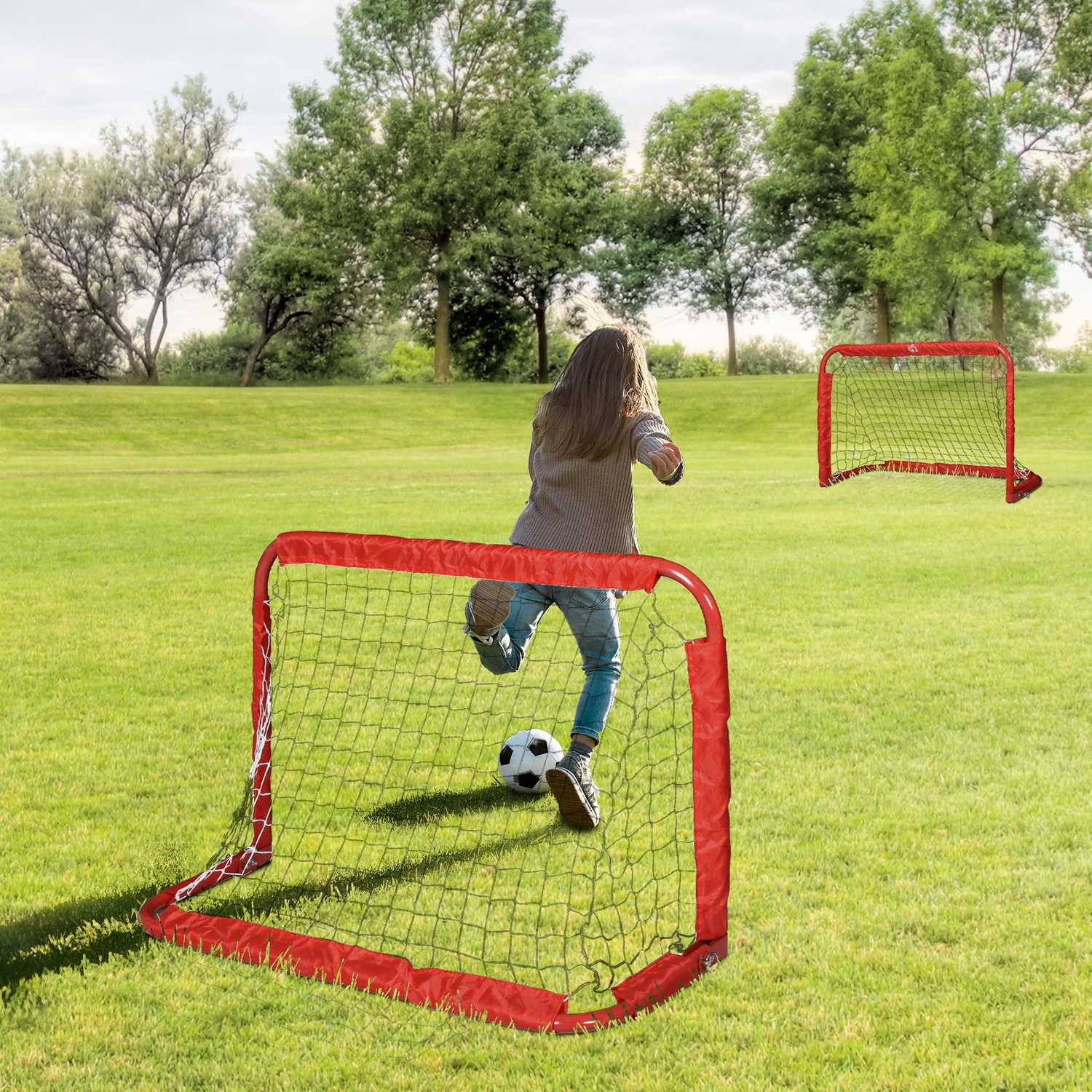 Minifotbollsmål set med 2, hopfällbart stål och tetrolon, röd