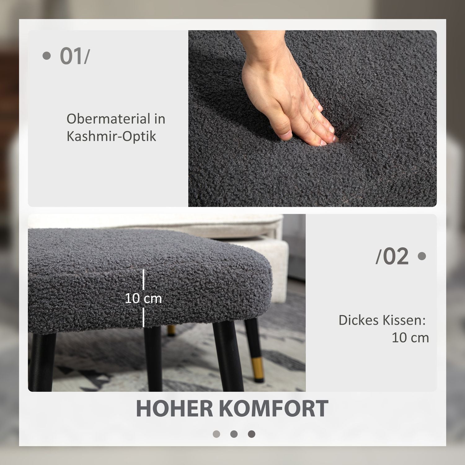 Fyrkantig fotpall, kashmirlook, stålben, mörkgrå