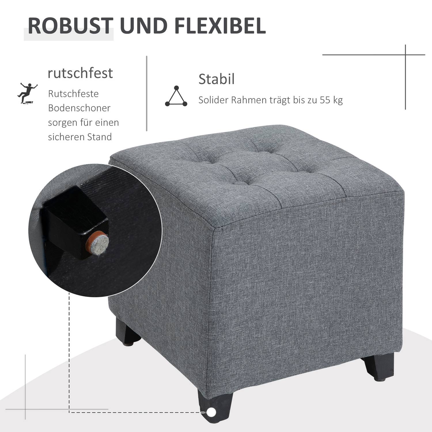 Grå linne ottomansk fotpall, träben, 35 cm kub
