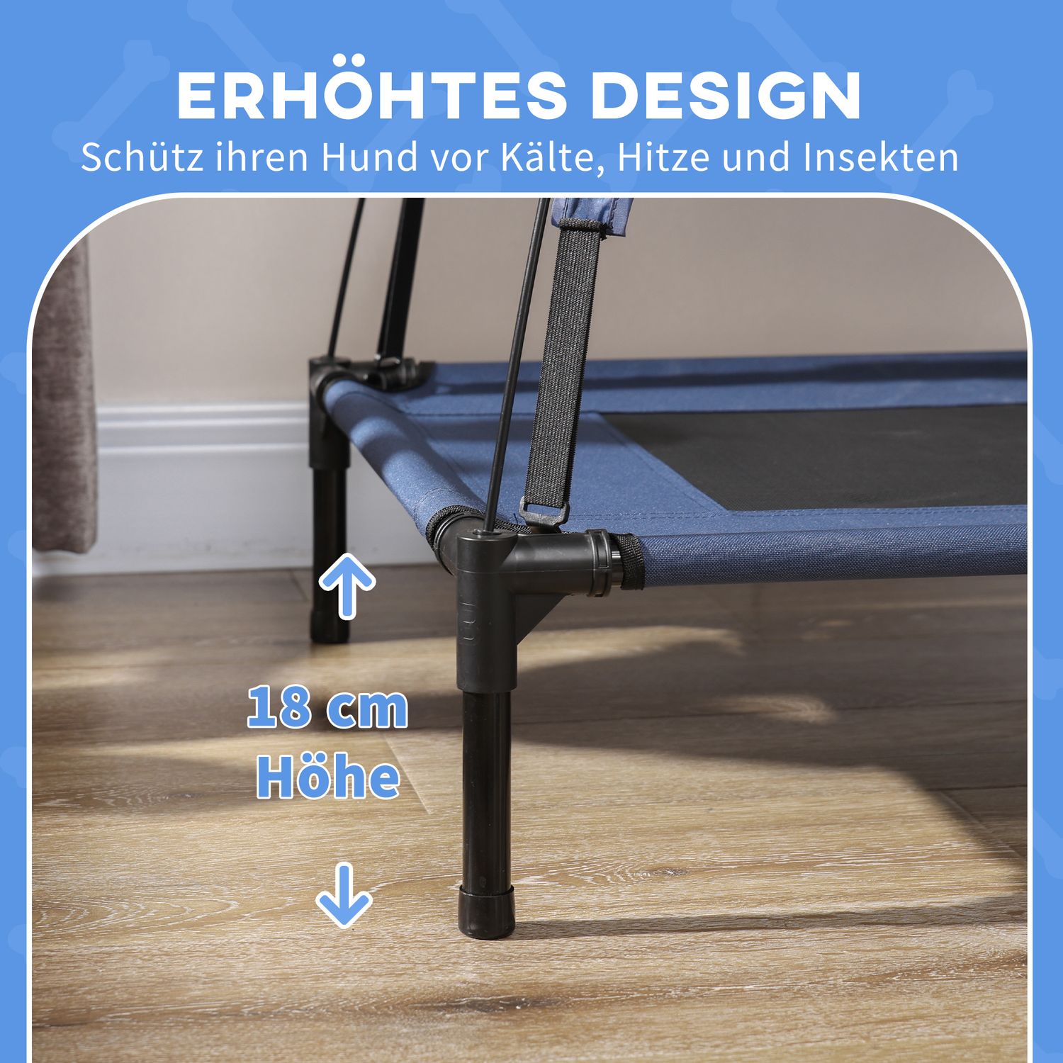 Förhöjd hundsäng med kapell, andas, medium, blå