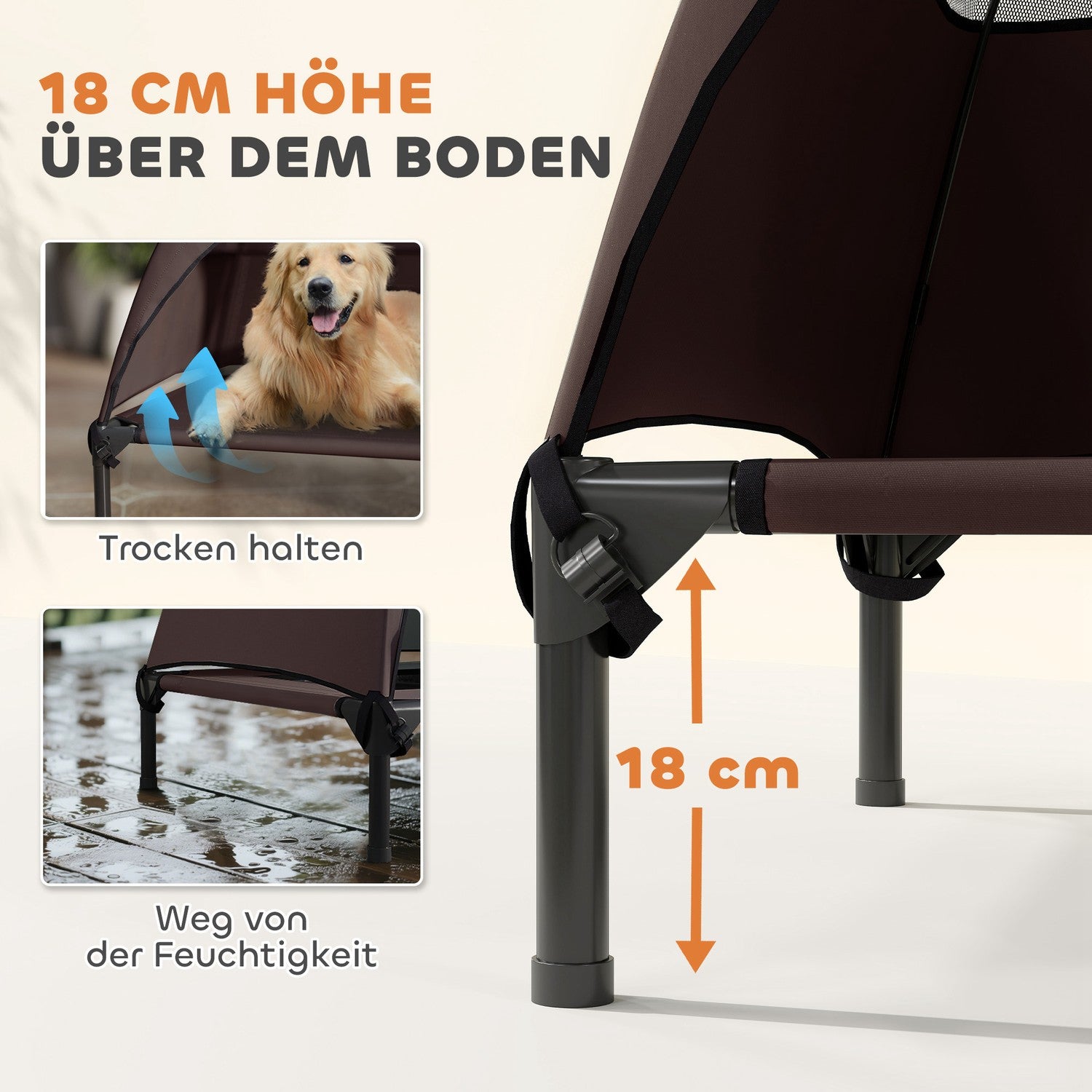 Förhöjd hundstol utomhus med tak och kylnät