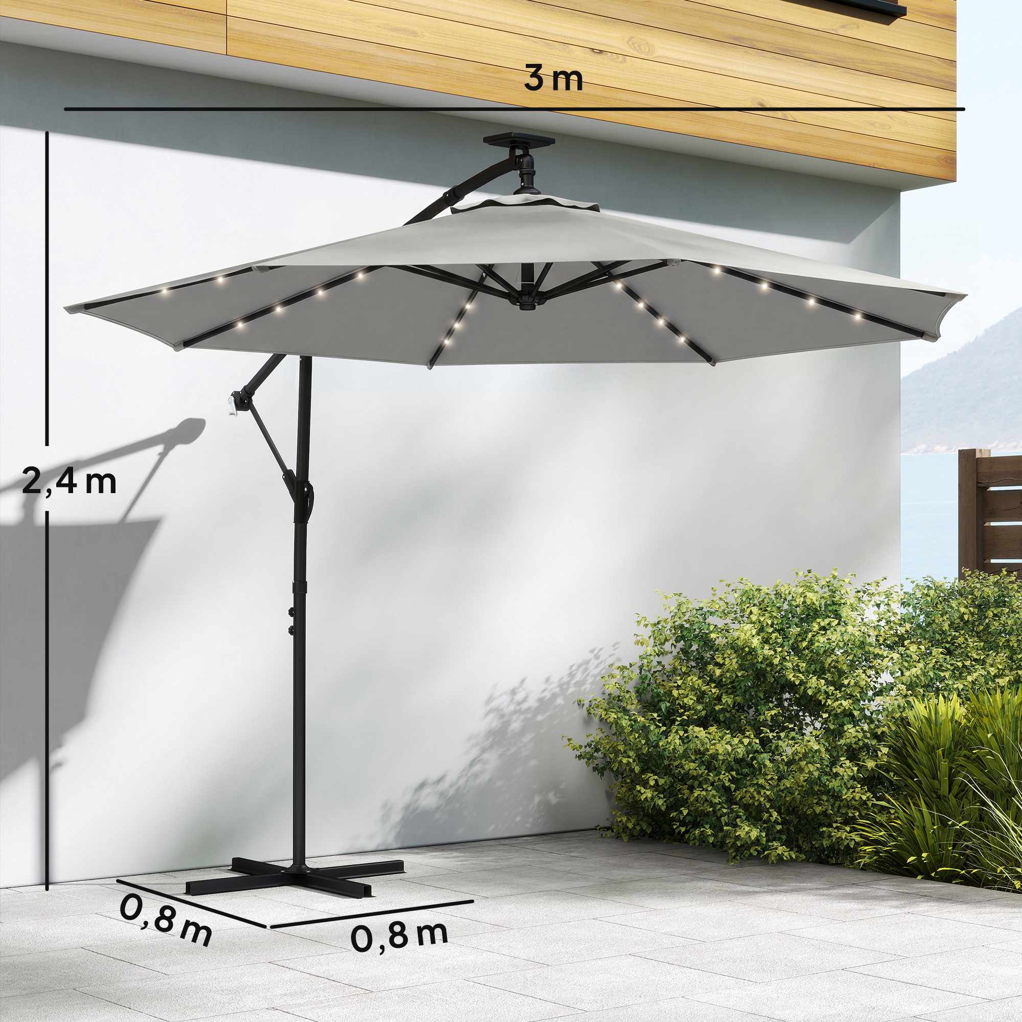 Fribärande parasoll, 3x3m, solcellsdrivna LED-lampor, UV-resistent