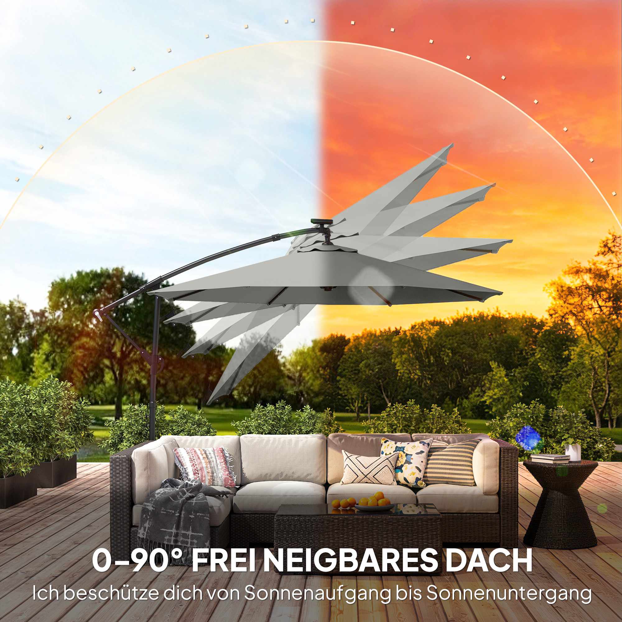 Fribärande parasoll, 3x3m, solcellsdrivna LED-lampor, UV-resistent