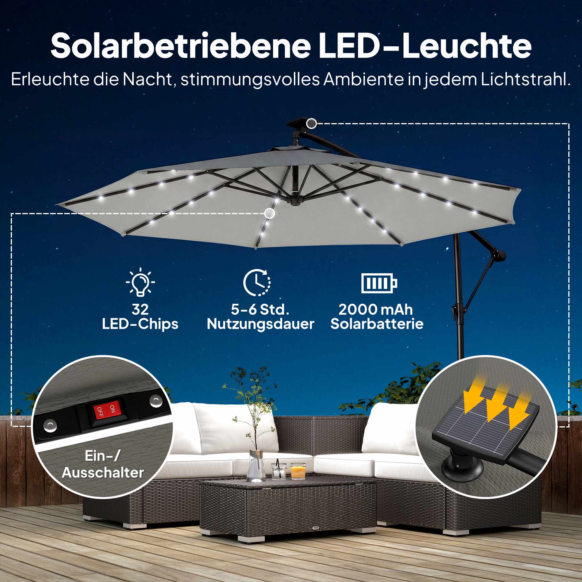 Fribärande parasoll, 3x3m, solcellsdrivna LED-lampor, UV-resistent