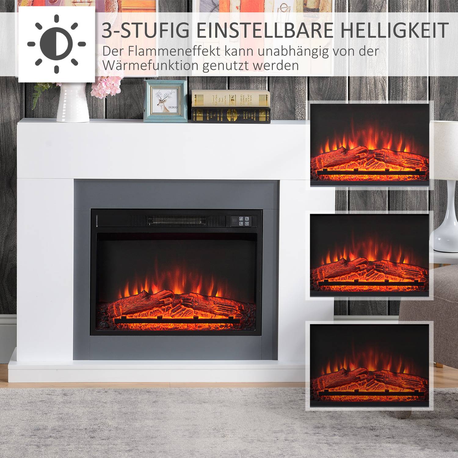 Fristående LED Elektrisk öppen spis, Flameffekt, MDF, Vit