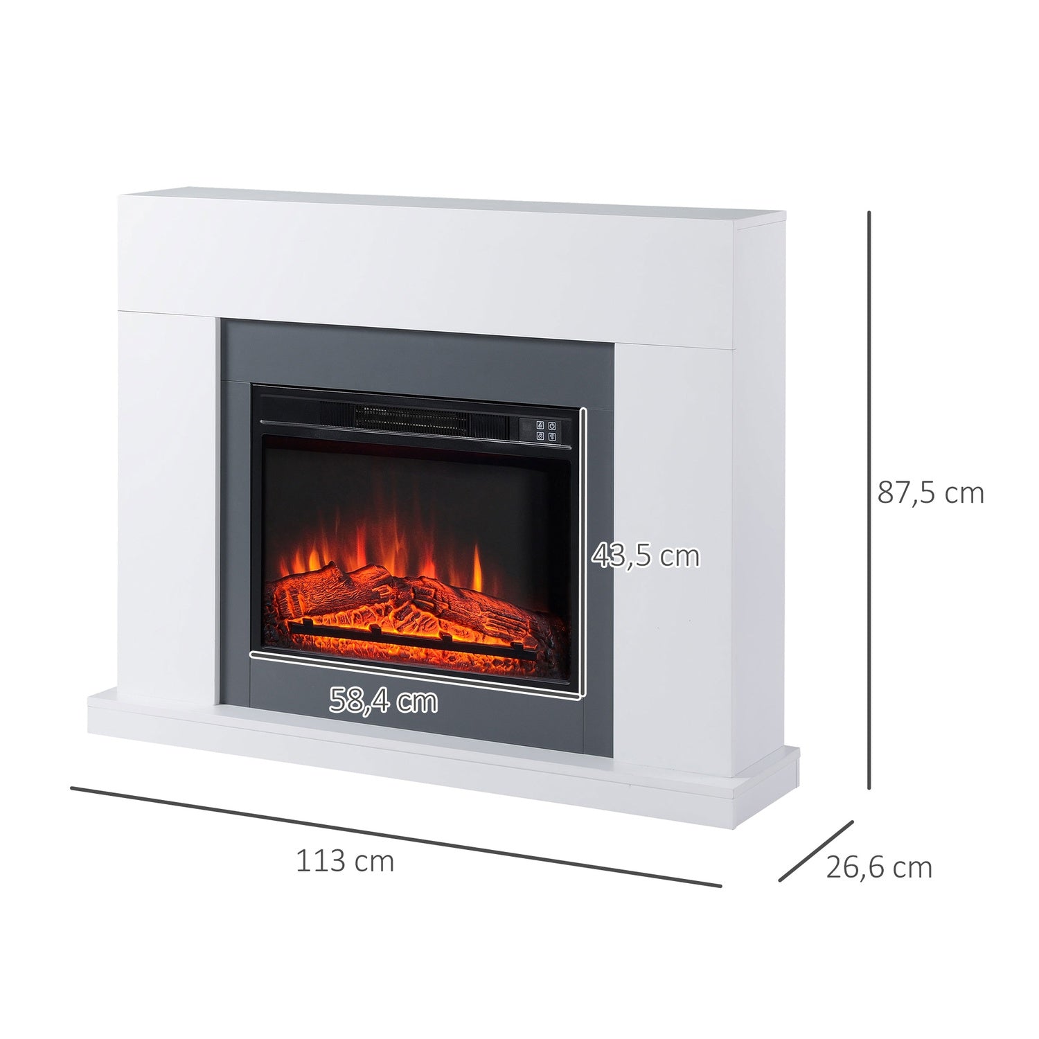 Fristående LED Elektrisk öppen spis, Flameffekt, MDF, Vit