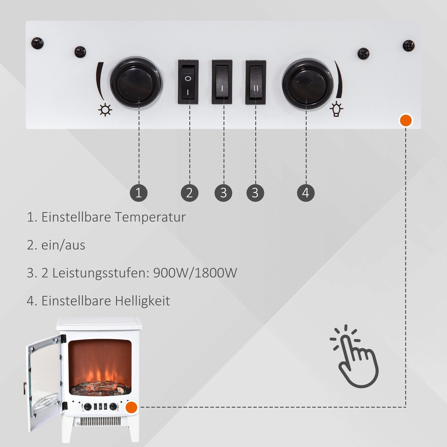 Fristående LED El-kamin, Vit, 900/1800W