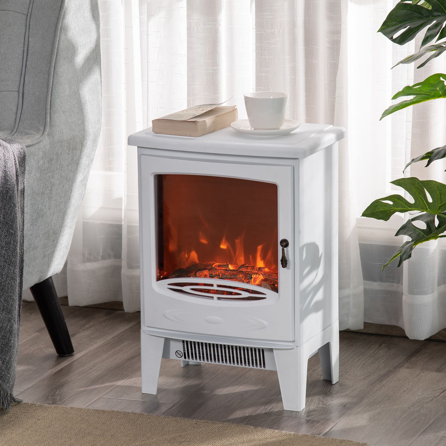 Fristående LED El-kamin, Vit, 900/1800W