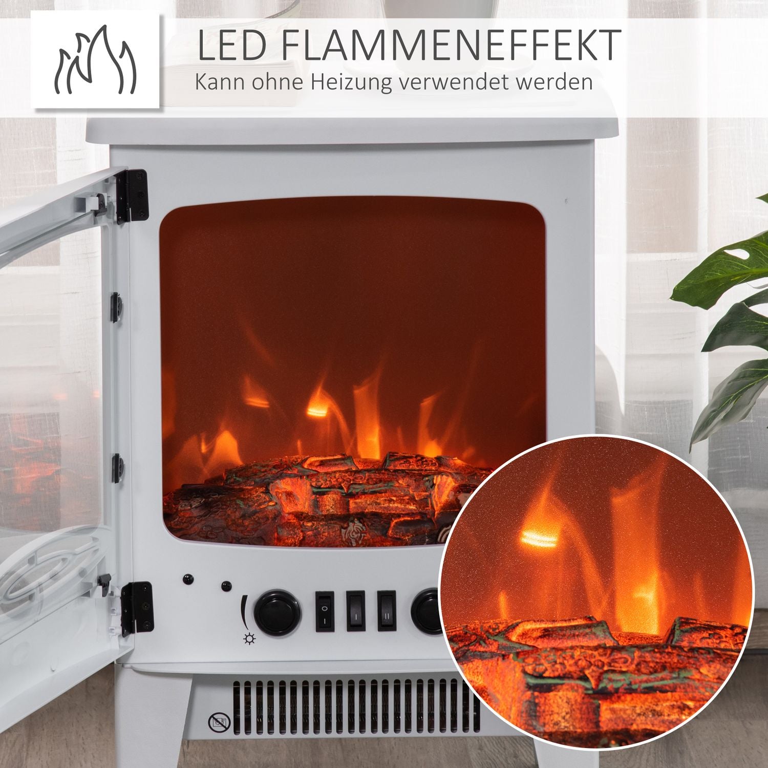 Fristående LED El-kamin, Vit, 900/1800W
