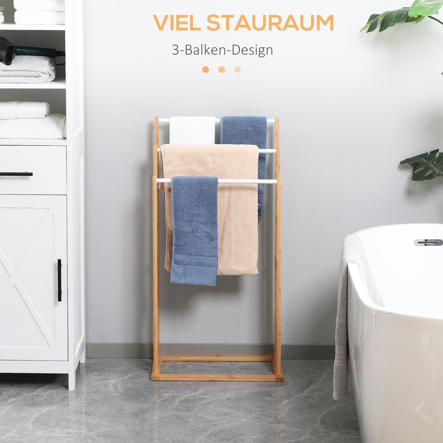 Fristående handduksställ i bambu med 3 stänger – naturlig finish