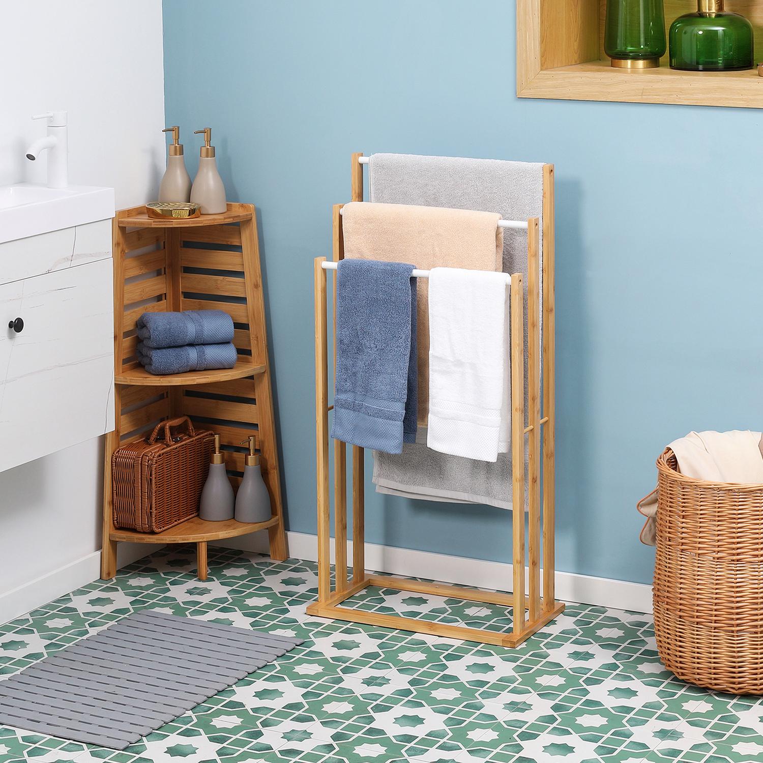 Fristående handduksställ i bambu med 3 stänger – naturlig finish