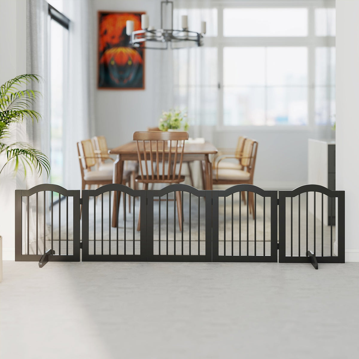 Frittstående hundegrind, sammenleggbar, 5 paneler, svart, 261,5 x 29,5 x 61 cm