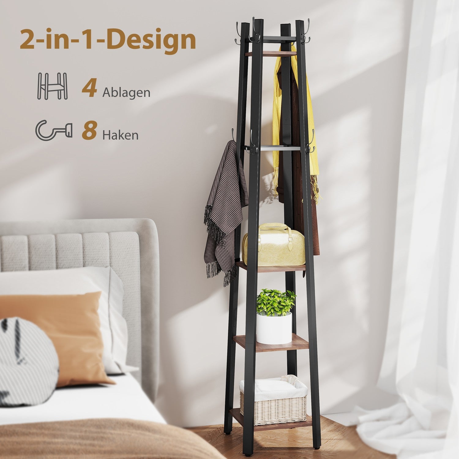 Fristående klädhängare, 4 hyllor, 8 krokar, industriell stil