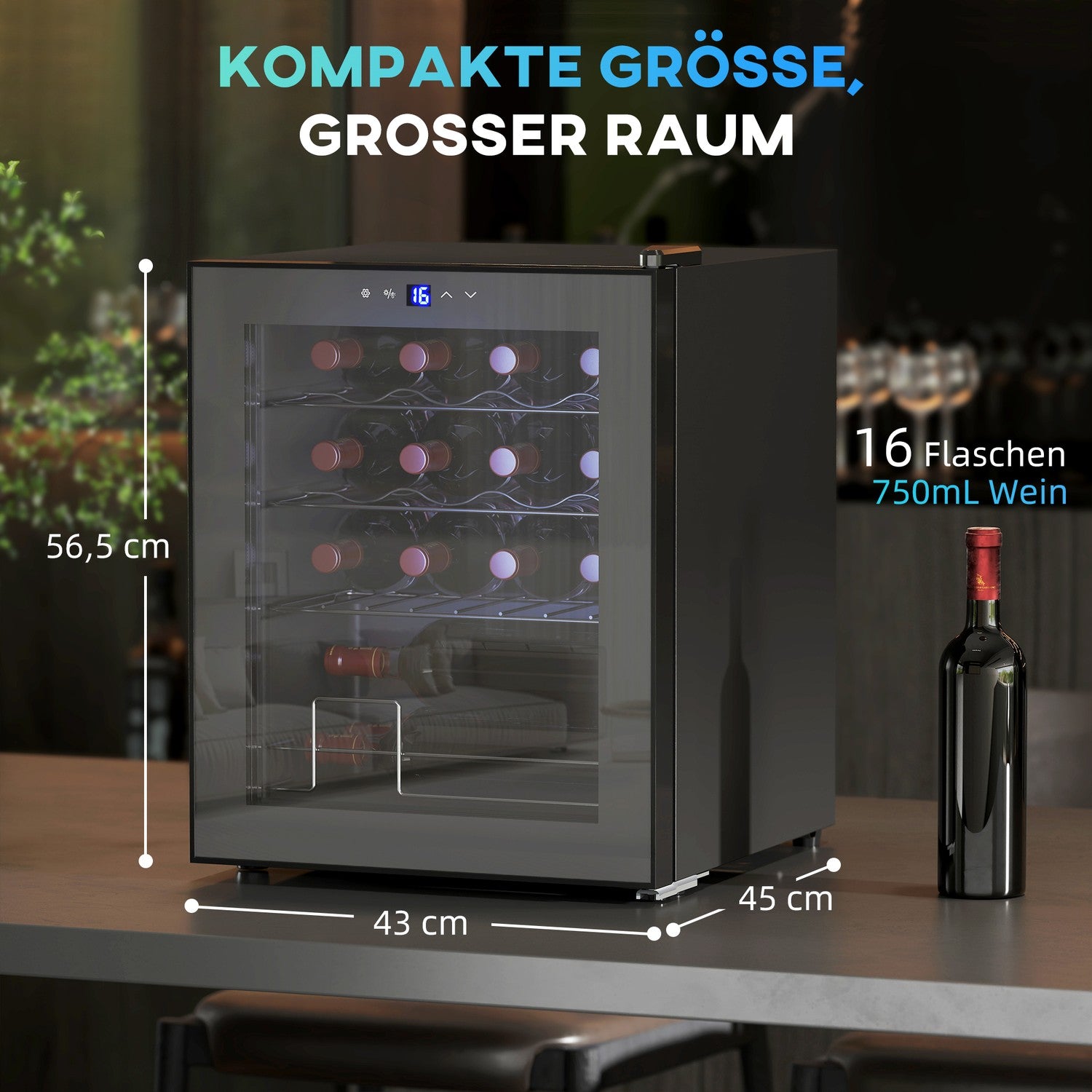 Fristående vinkyl, 16 flaskor, pekskärm, LED