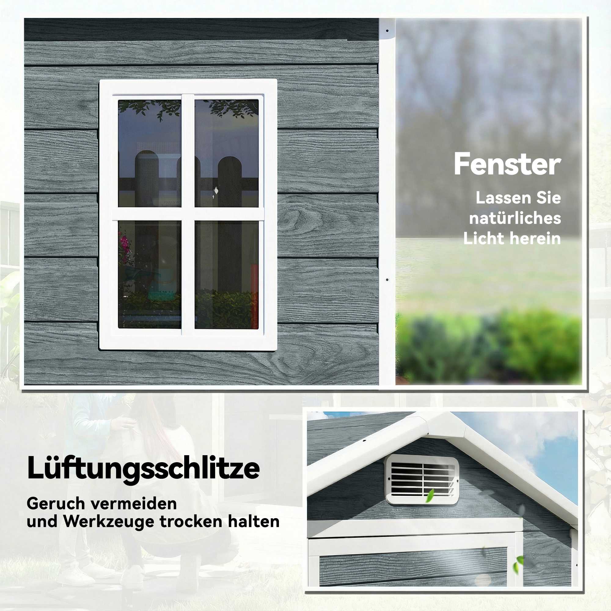 Förråd för utomhusbruk med fönster, ventilation och lås – grå