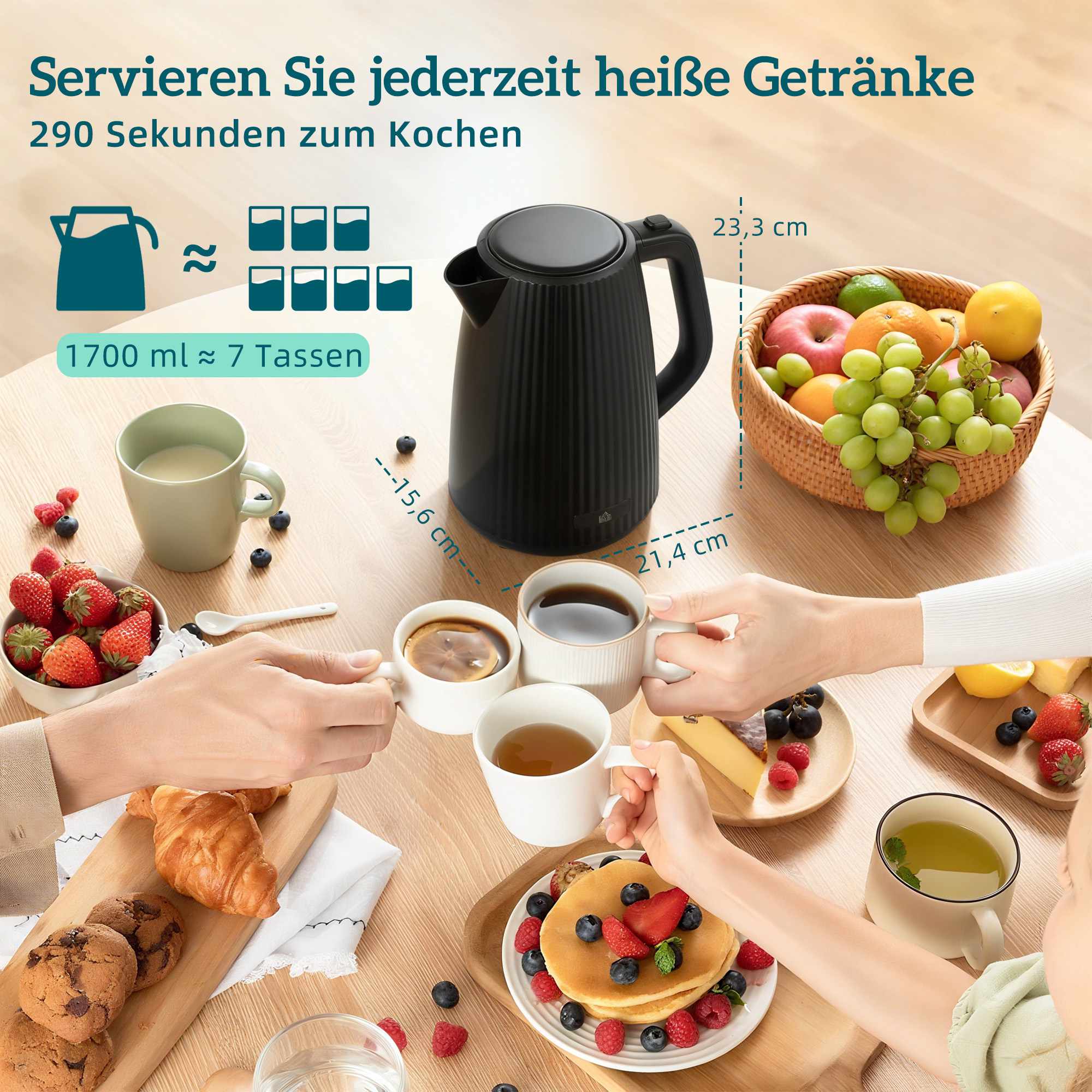 Frukostset: 1,7 l vattenkokare, brödrost för 4 skivor, äggkokare