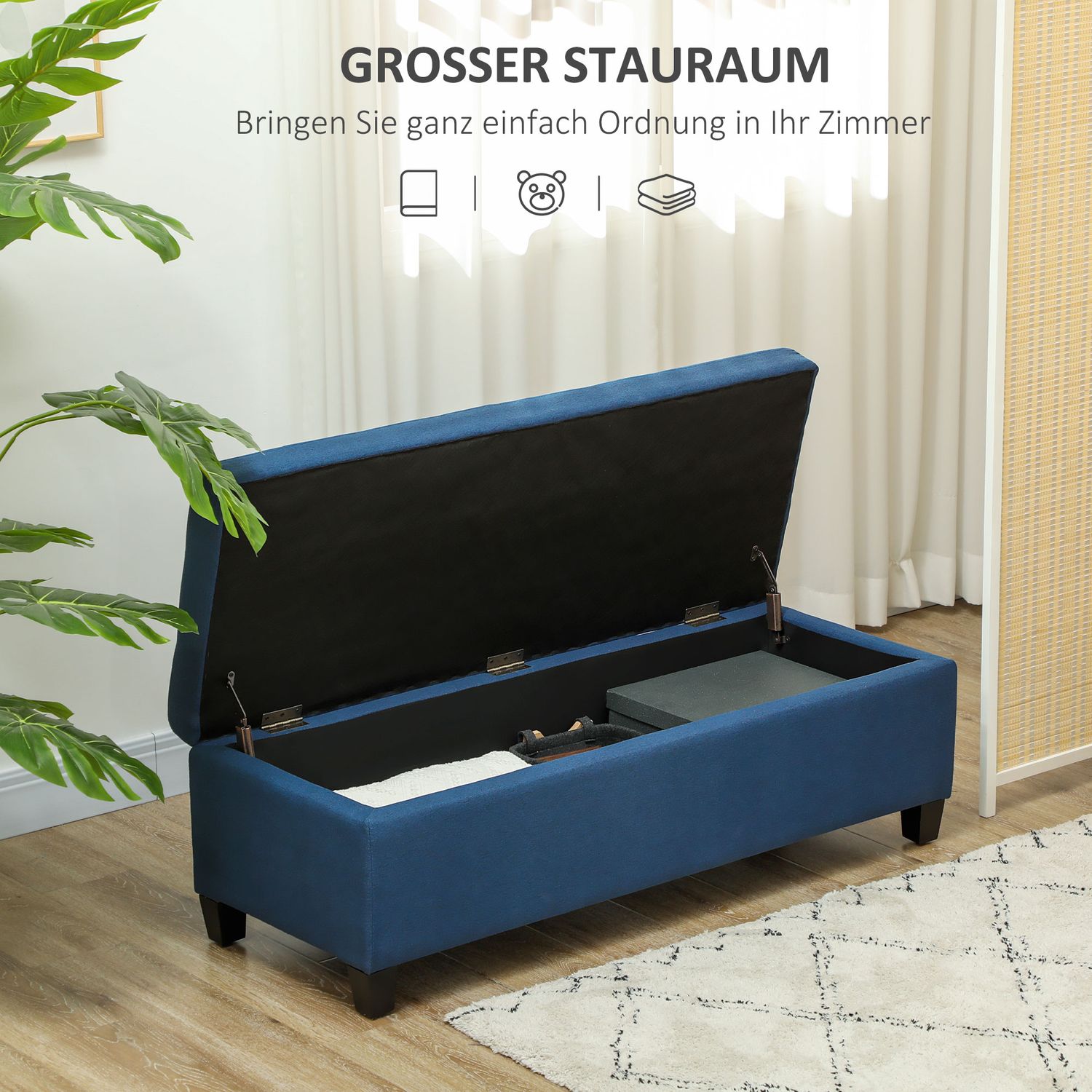 Förvaring Ottoman bänk med knapptuft, blå, 125 cm