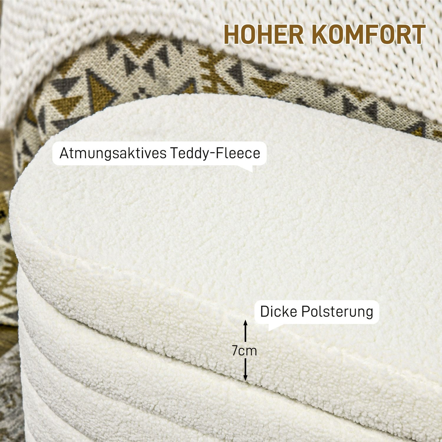 Förvaringsbänk i sovrummet – kräm, fleece, robusta träben