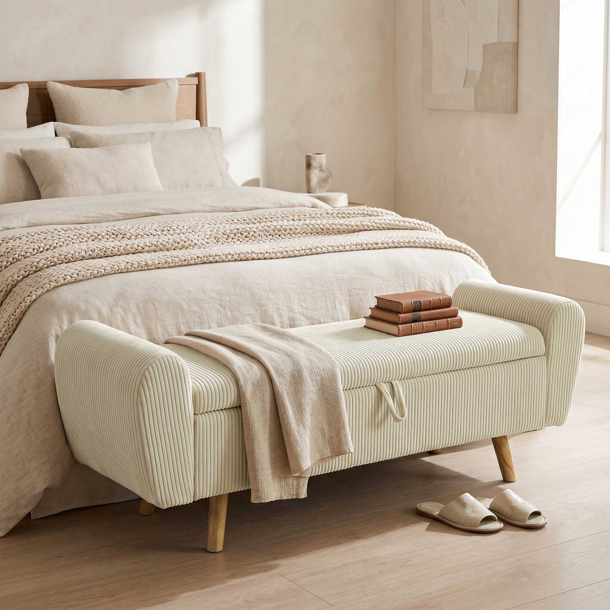Oppbevaringsbenk med skjult rom, beige kordfløyel, 150 cm