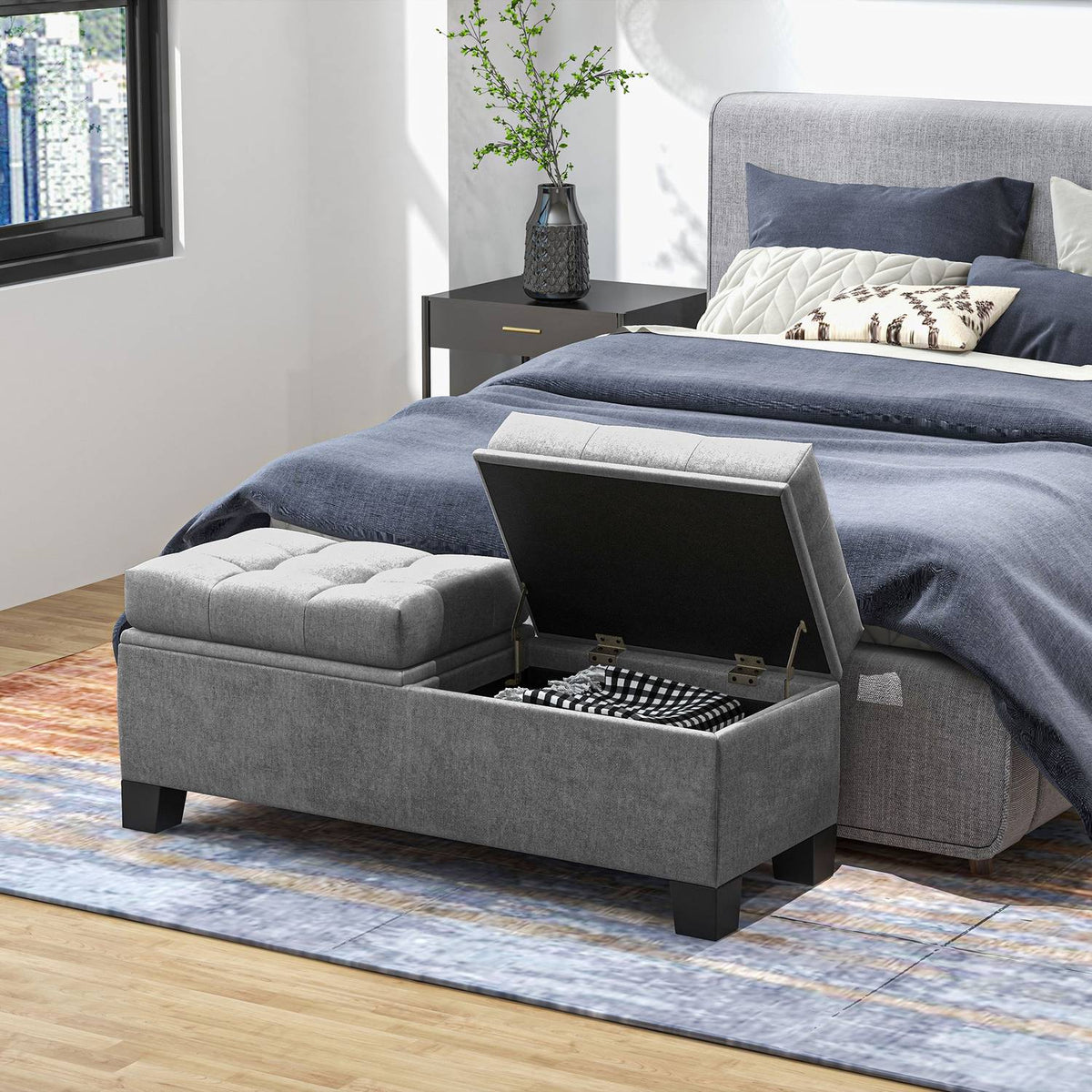 Oppbevaringsbenk med linetrekk, 116 cm, grå
