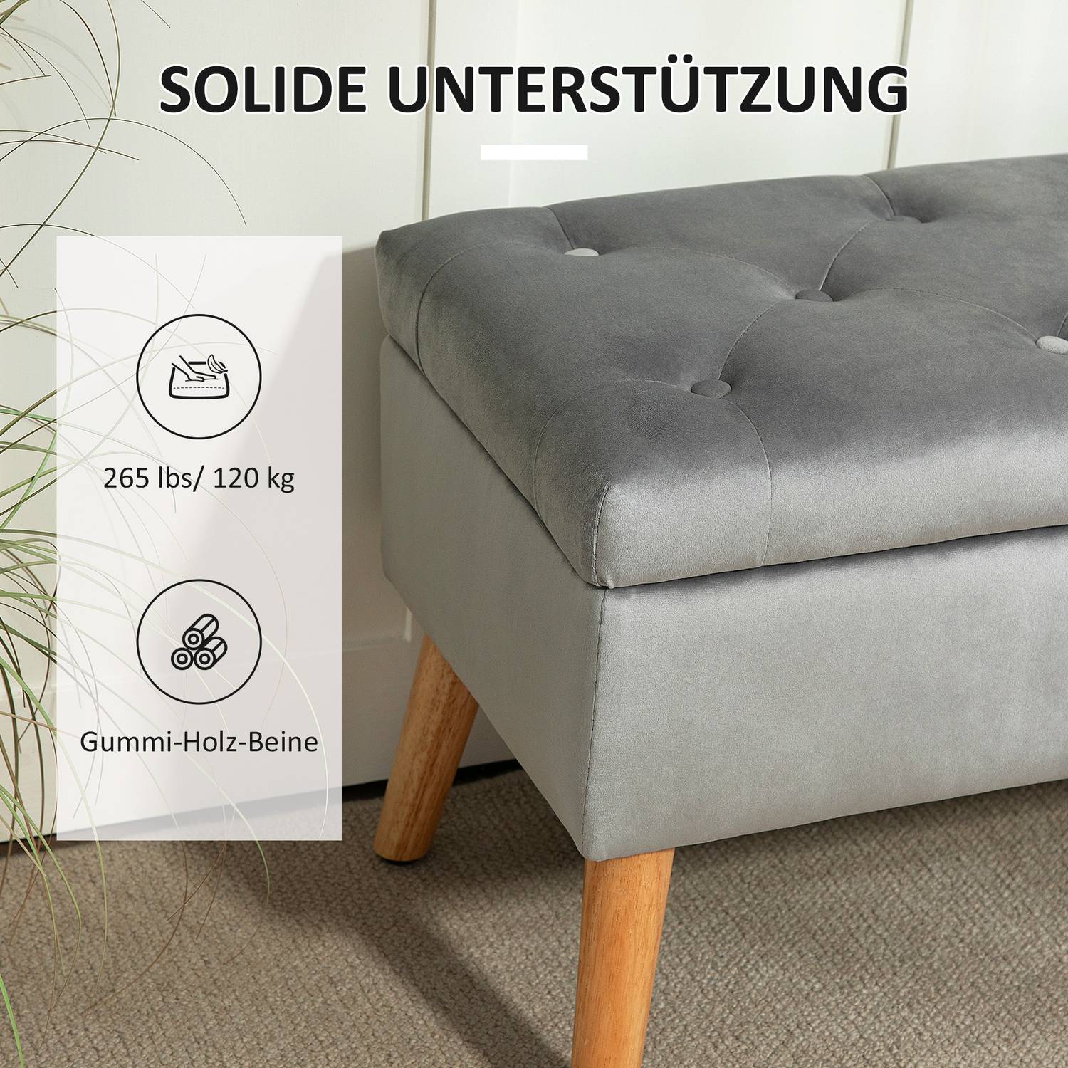 Förvaringsbänk med lock, Grey Velvet Look, 102 x 35 x 43 cm