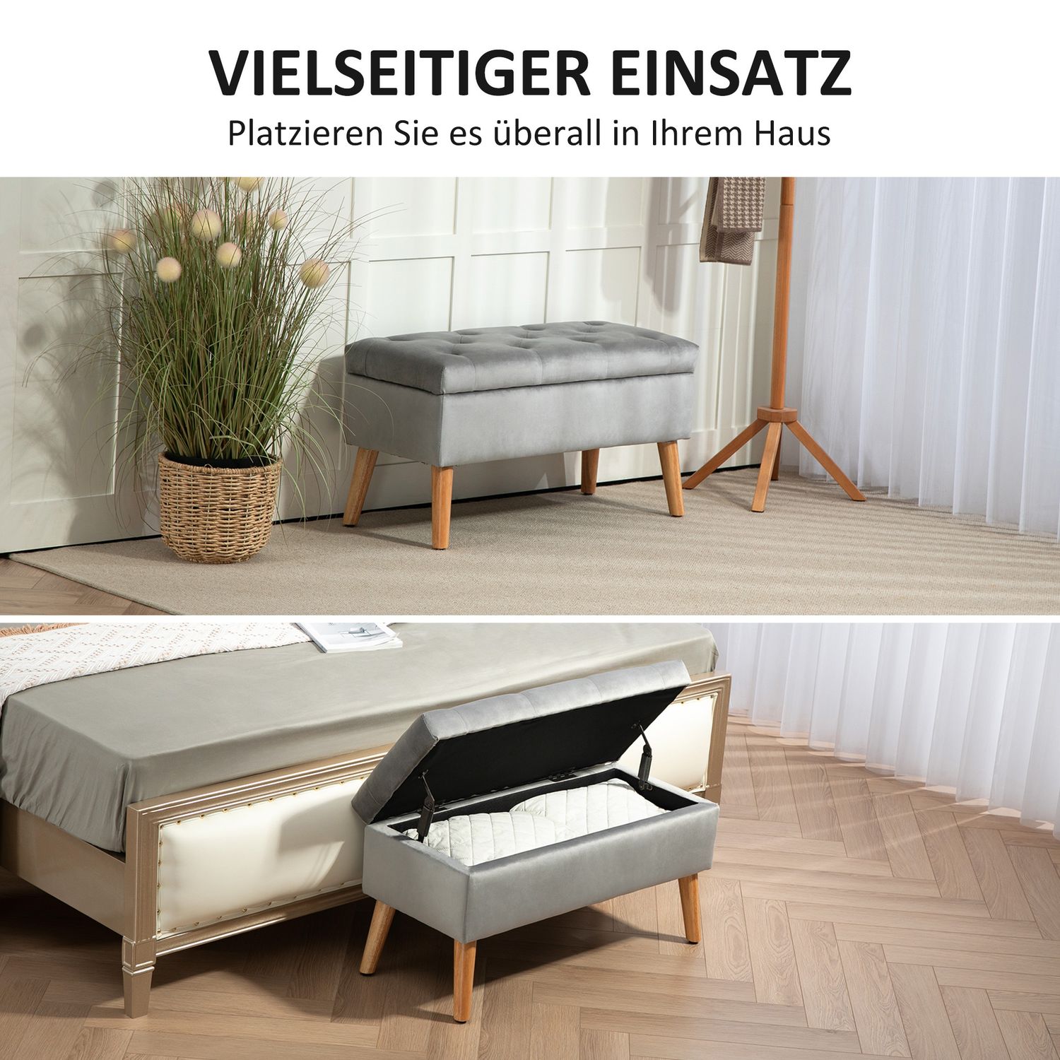 Förvaringsbänk med lock, Grey Velvet Look, 102 x 35 x 43 cm