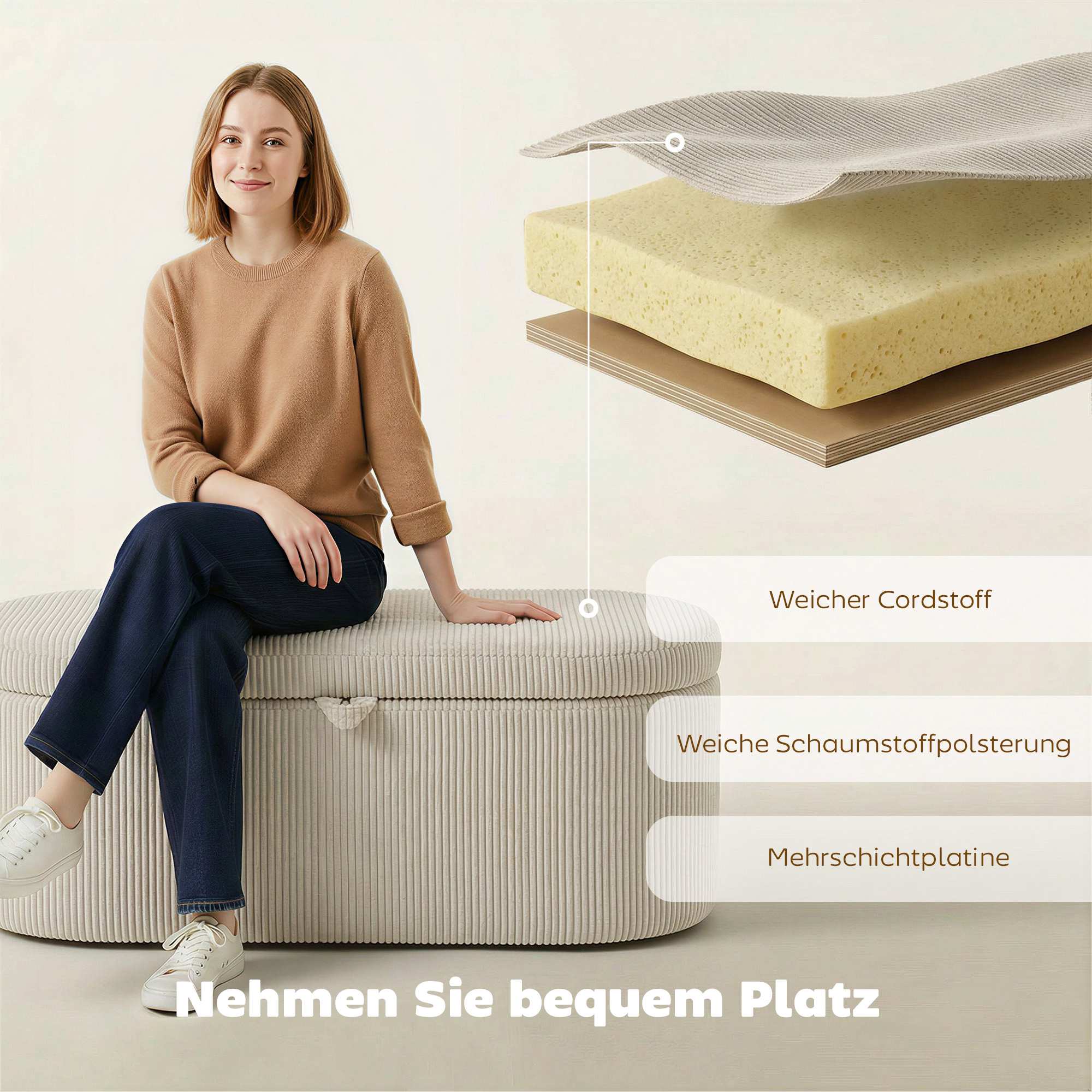 Förvaringsfotpall med snörklädsel, 105 x 51 x 49 cm, Beige