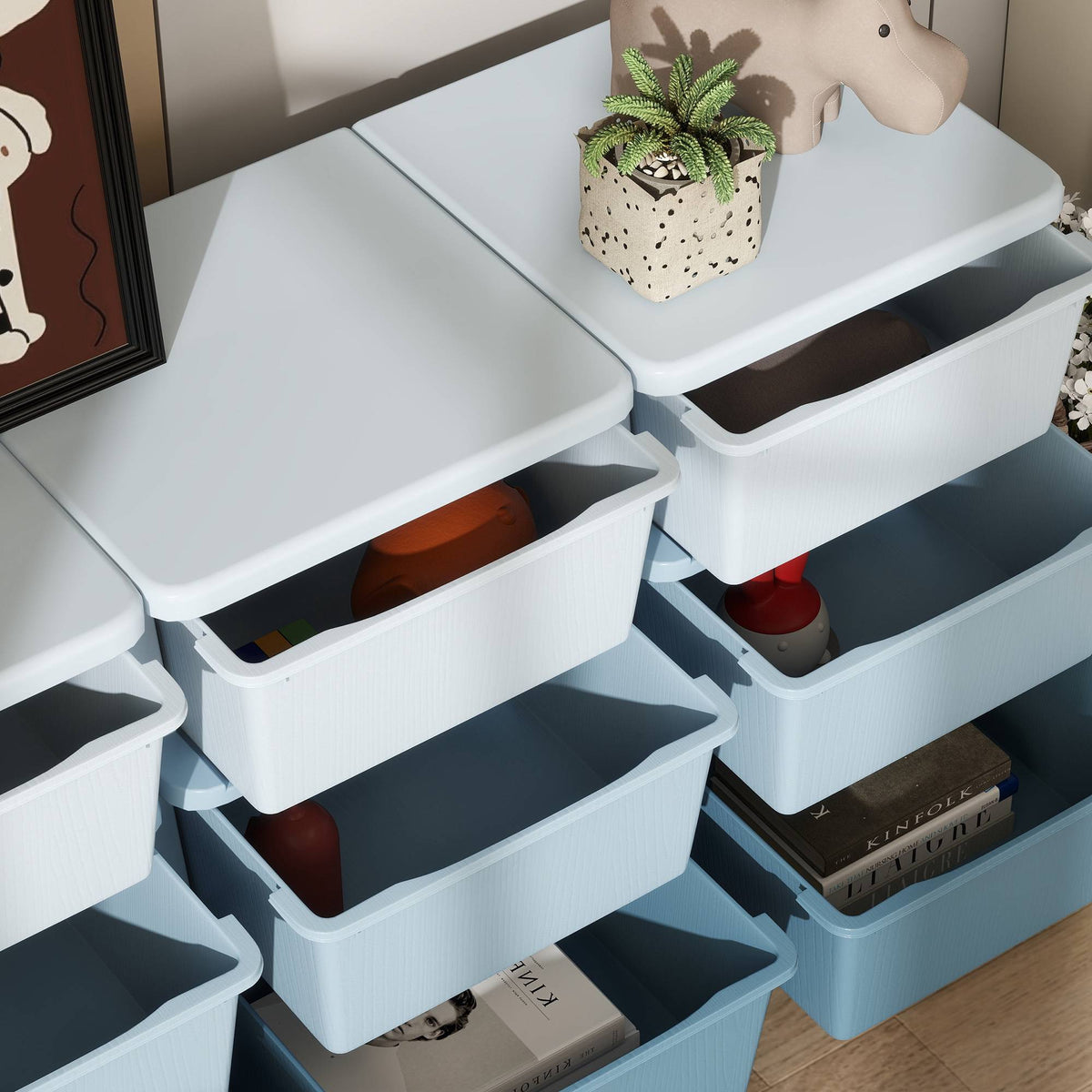 Förvaringslåda för barn, 9 lådor, blå, plast