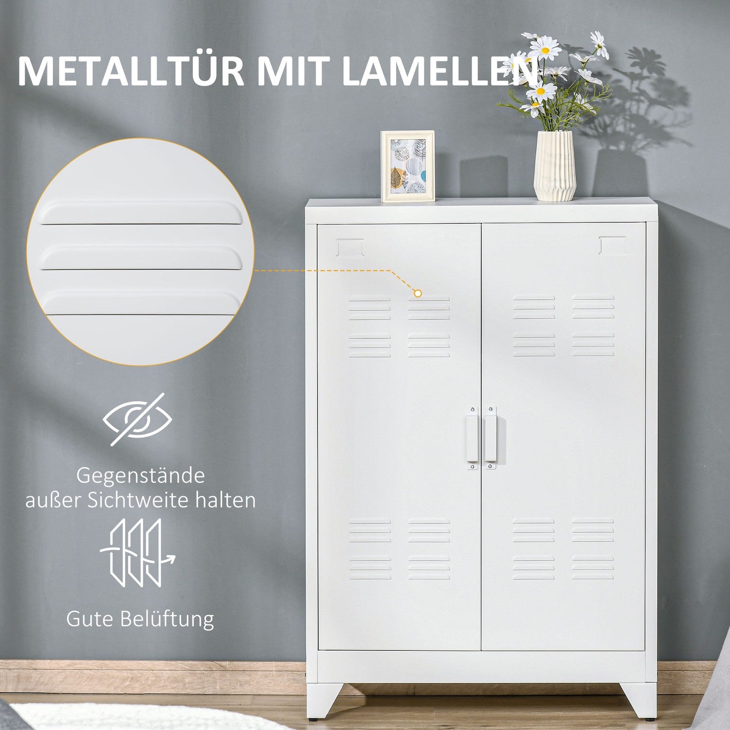 Förvaringsskåp i metall, ventilerade dörrar, 75x33x110 cm, vit