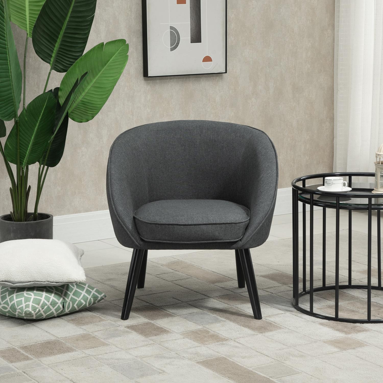 Modern grå linne-look stoppad lounge stol, trä ram