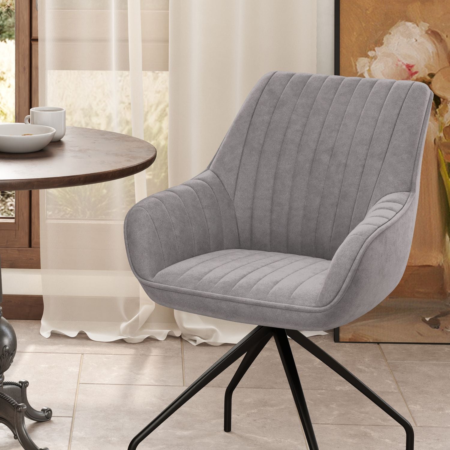 Swivel Velvet Fåtölj med metallben, mörkgrå