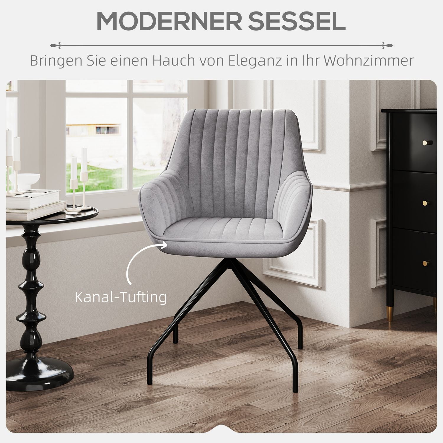 Swivel Velvet Fåtölj med metallben, mörkgrå