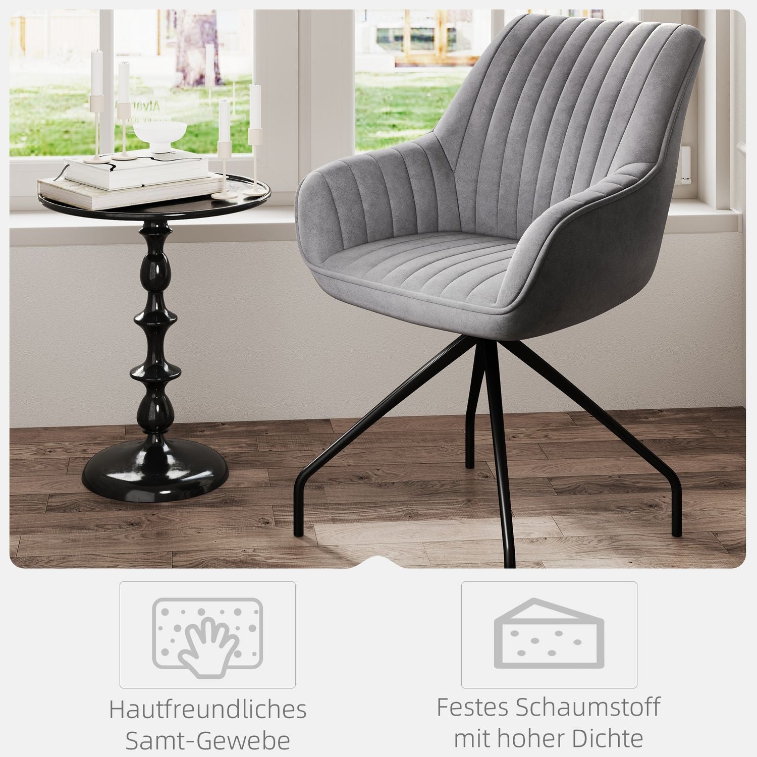 Swivel Velvet Fåtölj med metallben, mörkgrå