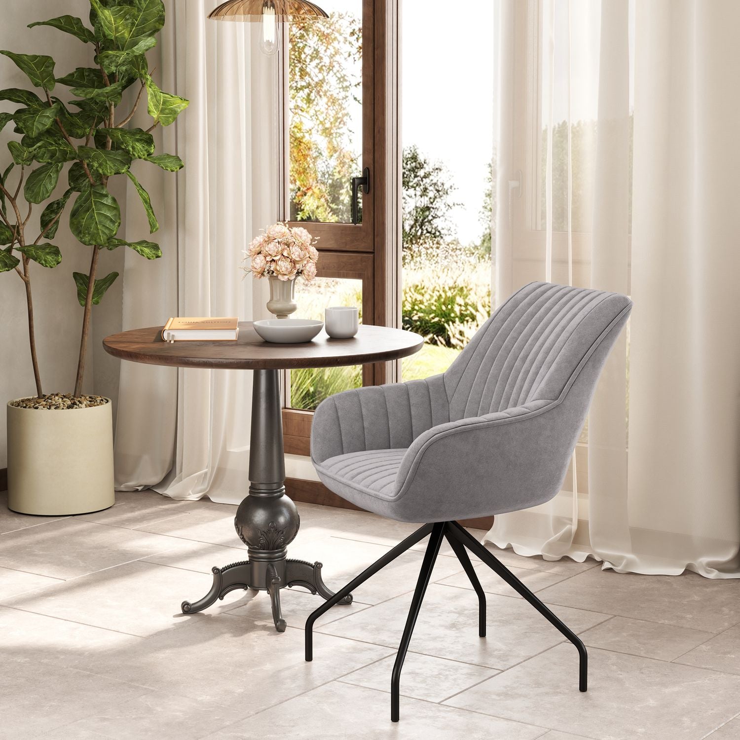 Swivel Velvet Fåtölj med metallben, mörkgrå
