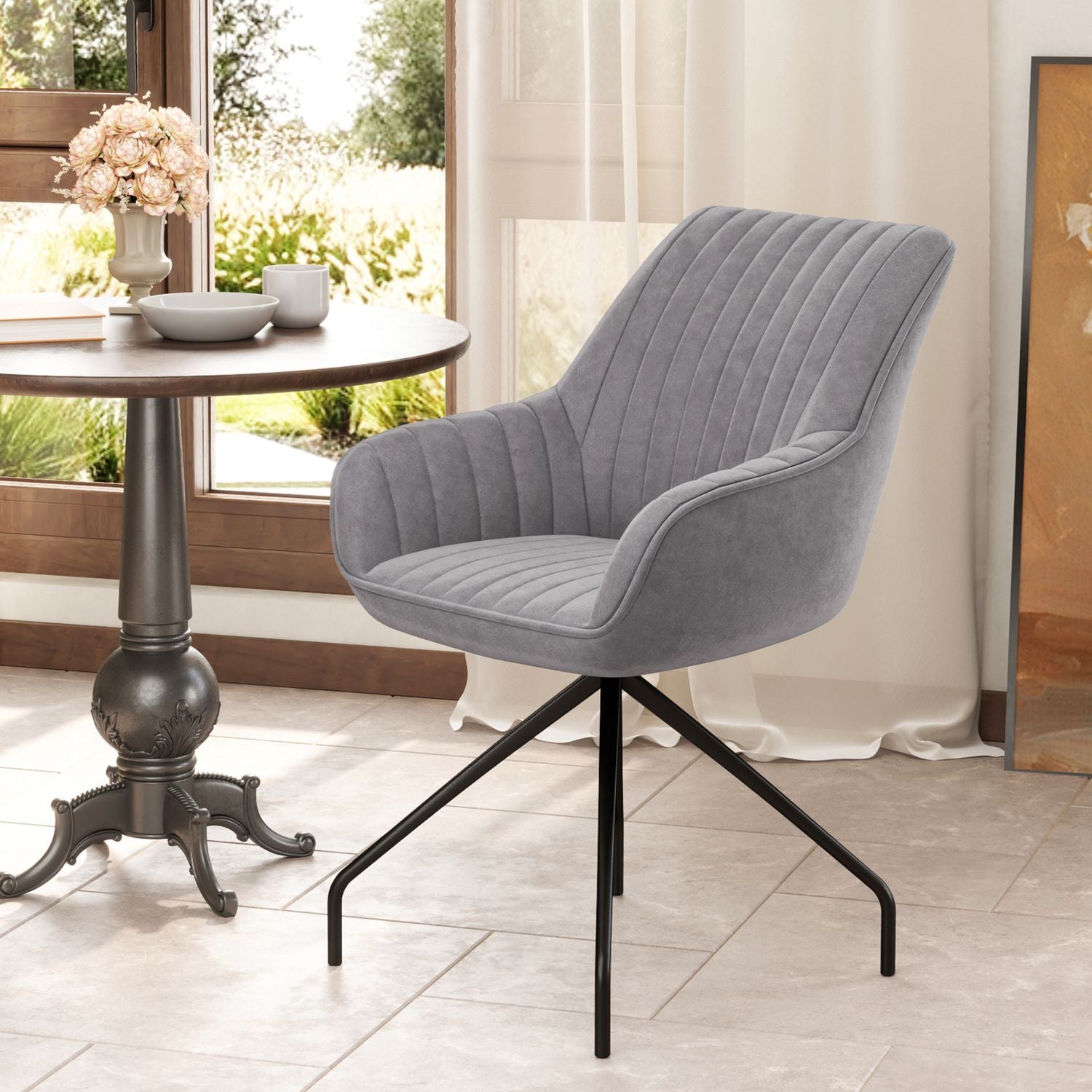 Swivel Velvet Fåtölj med metallben, mörkgrå