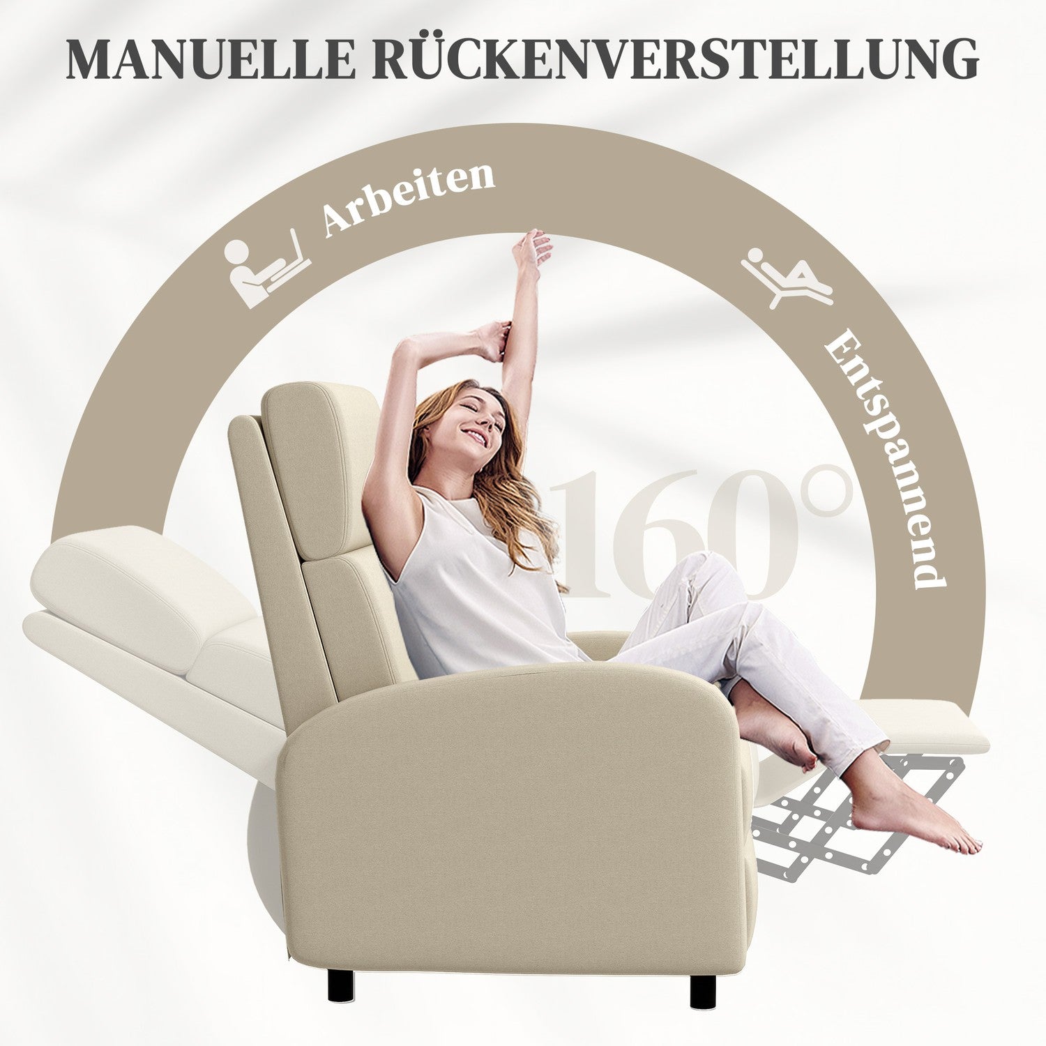 Fåtölj TV-stol, utfällbart fotstöd, lutar upp till 160°, 64 x 86 x 102 cm, kräm