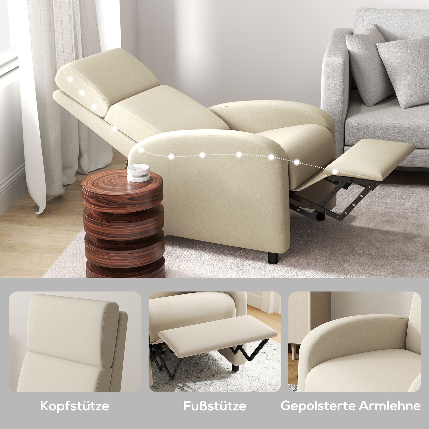 Fåtölj TV-stol, utfällbart fotstöd, lutar upp till 160°, 64 x 86 x 102 cm, kräm
