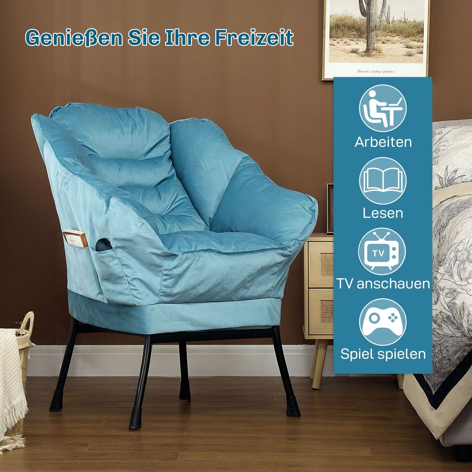 Velvet Lounge Chair, klädd med sidoficka – blå