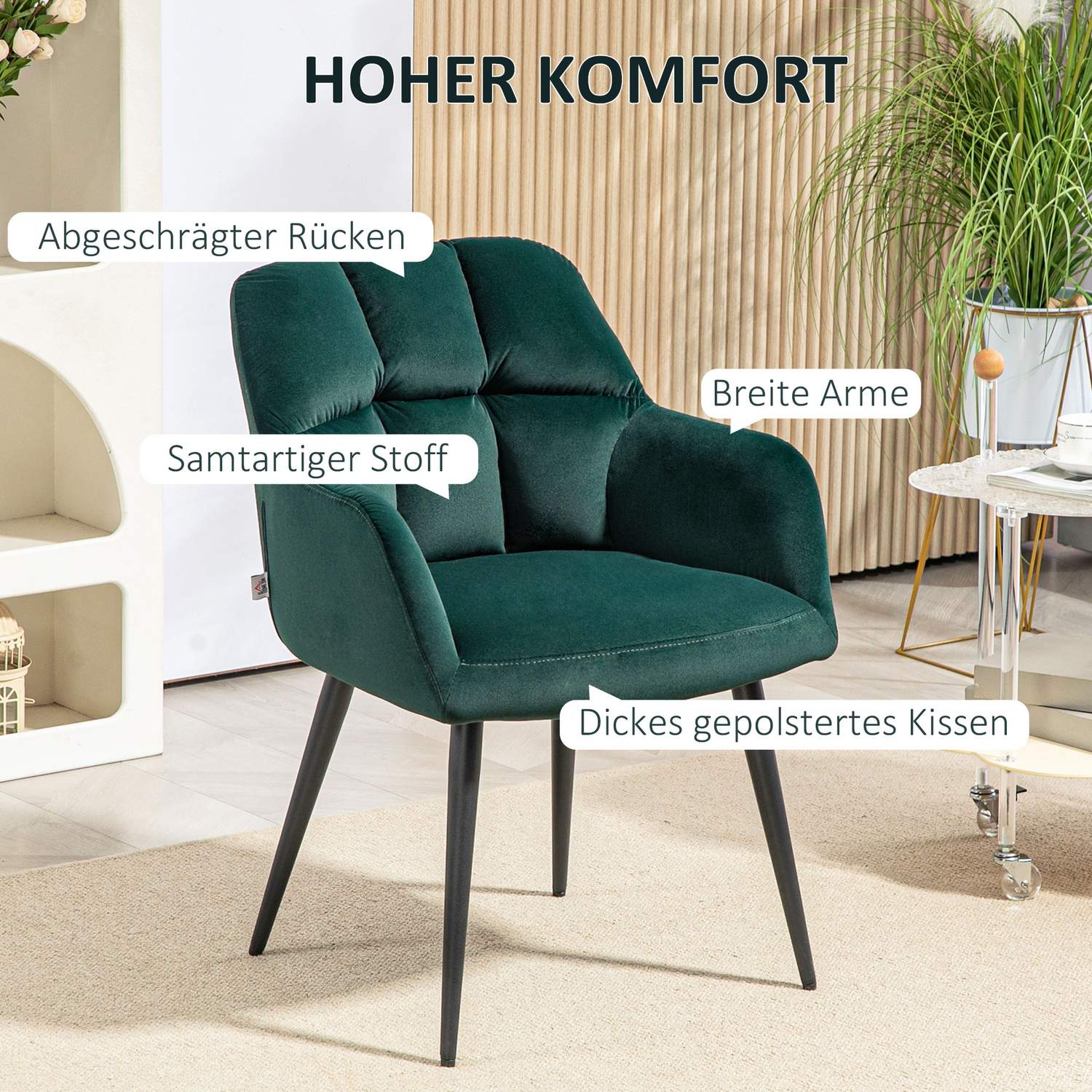 Velvet Look Fåtölj, Mörkgrön, Vadderad med armstöd