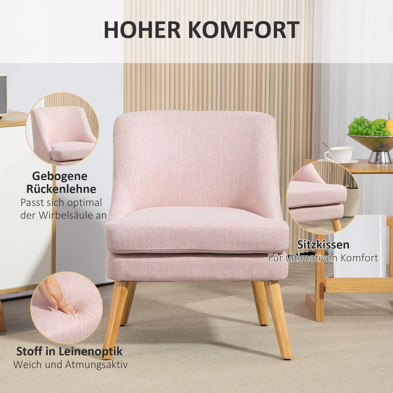 Rosa loungestol i linne-look med armstöd, träben