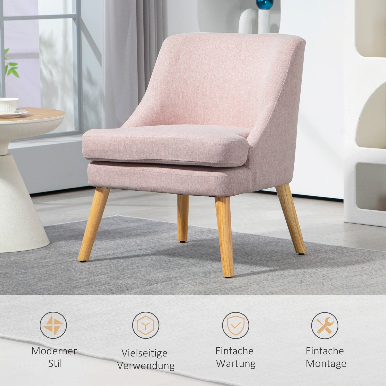 Rosa loungestol i linne-look med armstöd, träben