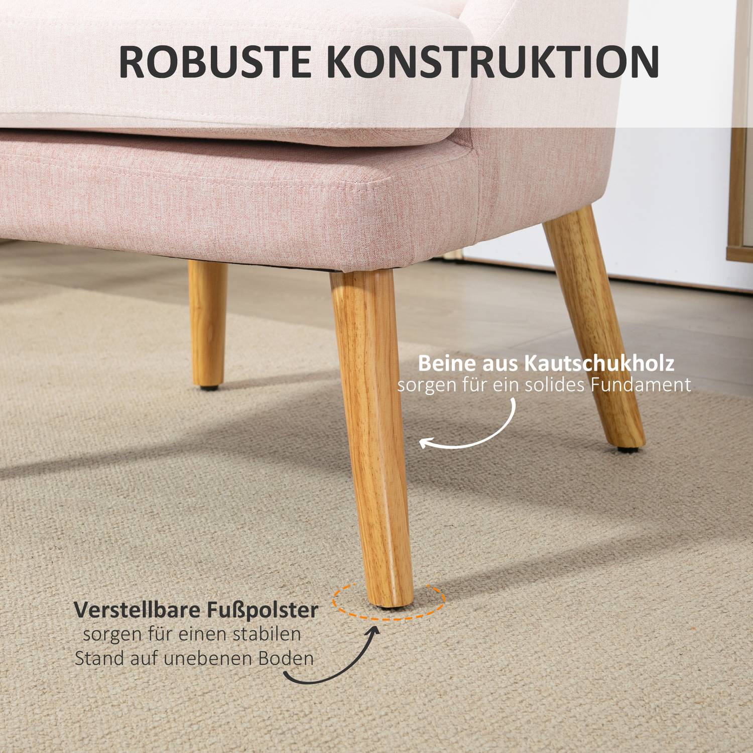 Rosa loungestol i linne-look med armstöd, träben
