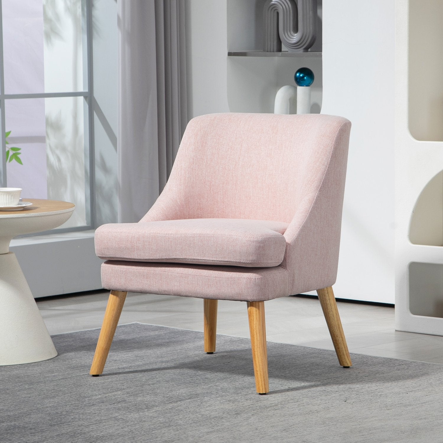 Rosa loungestol i linne-look med armstöd, träben