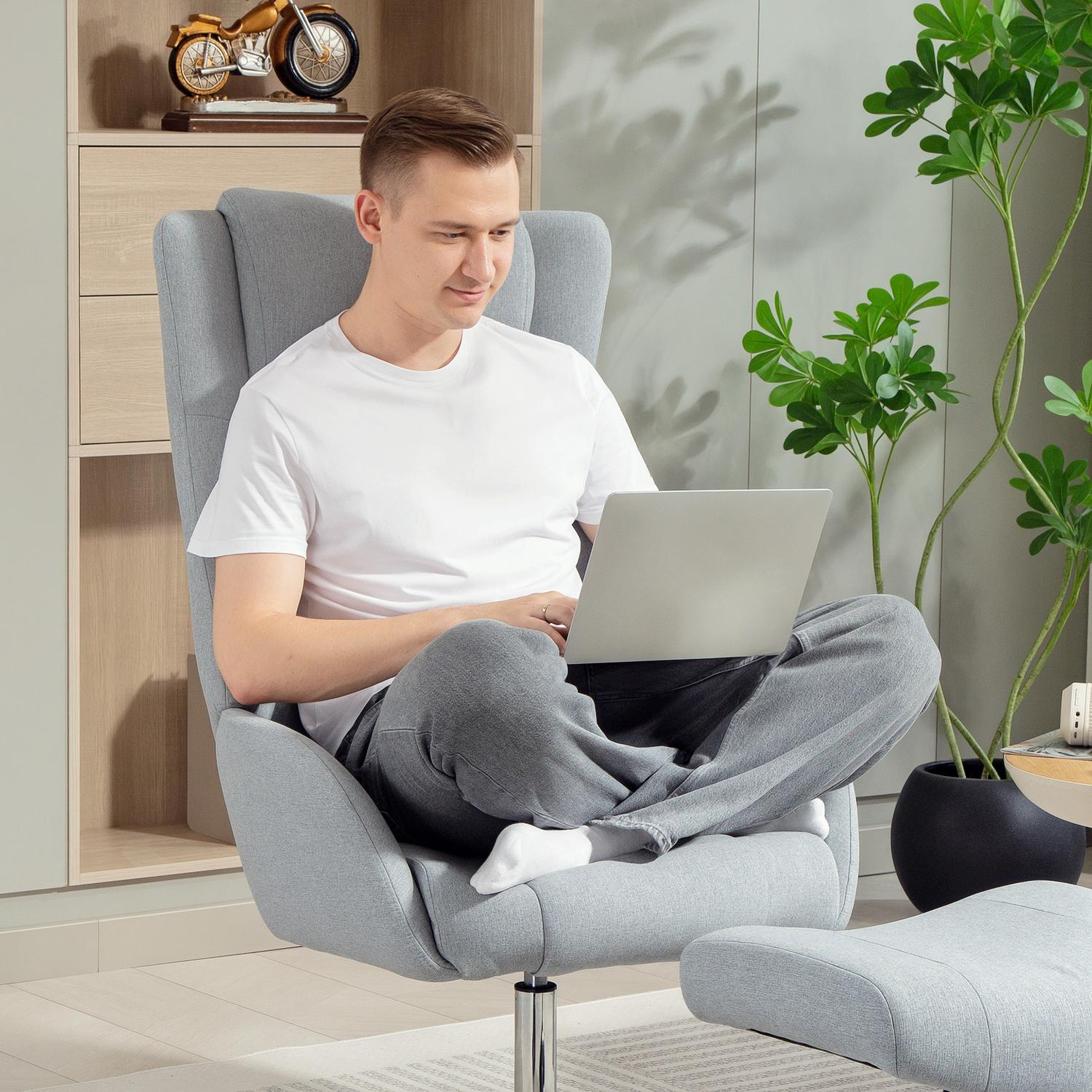 Fåtölj med fotpall, armstöd, grå