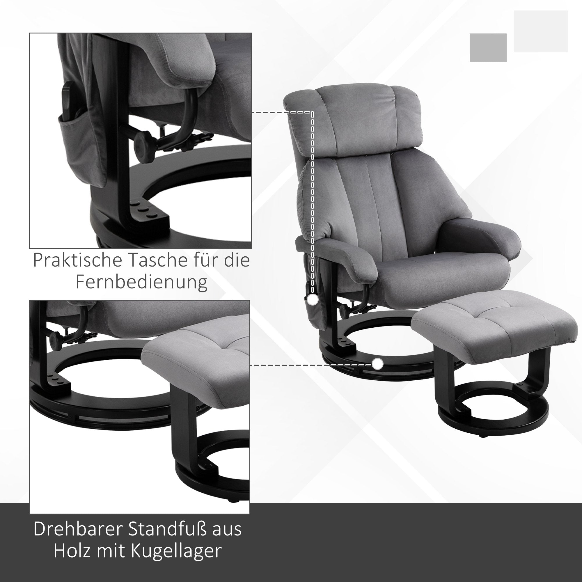 Fåtölj med fotpall, snurrande massagefåtölj, grå sammet