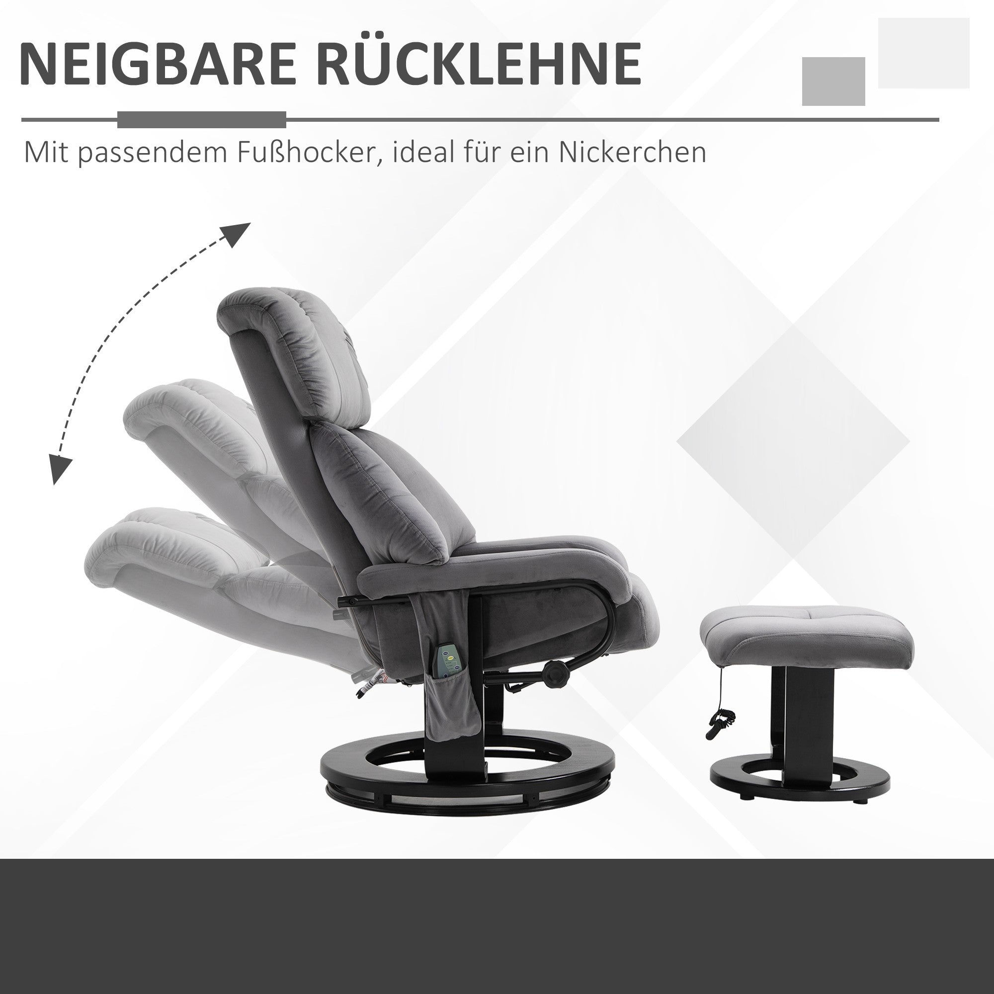 Fåtölj med fotpall, snurrande massagefåtölj, grå sammet