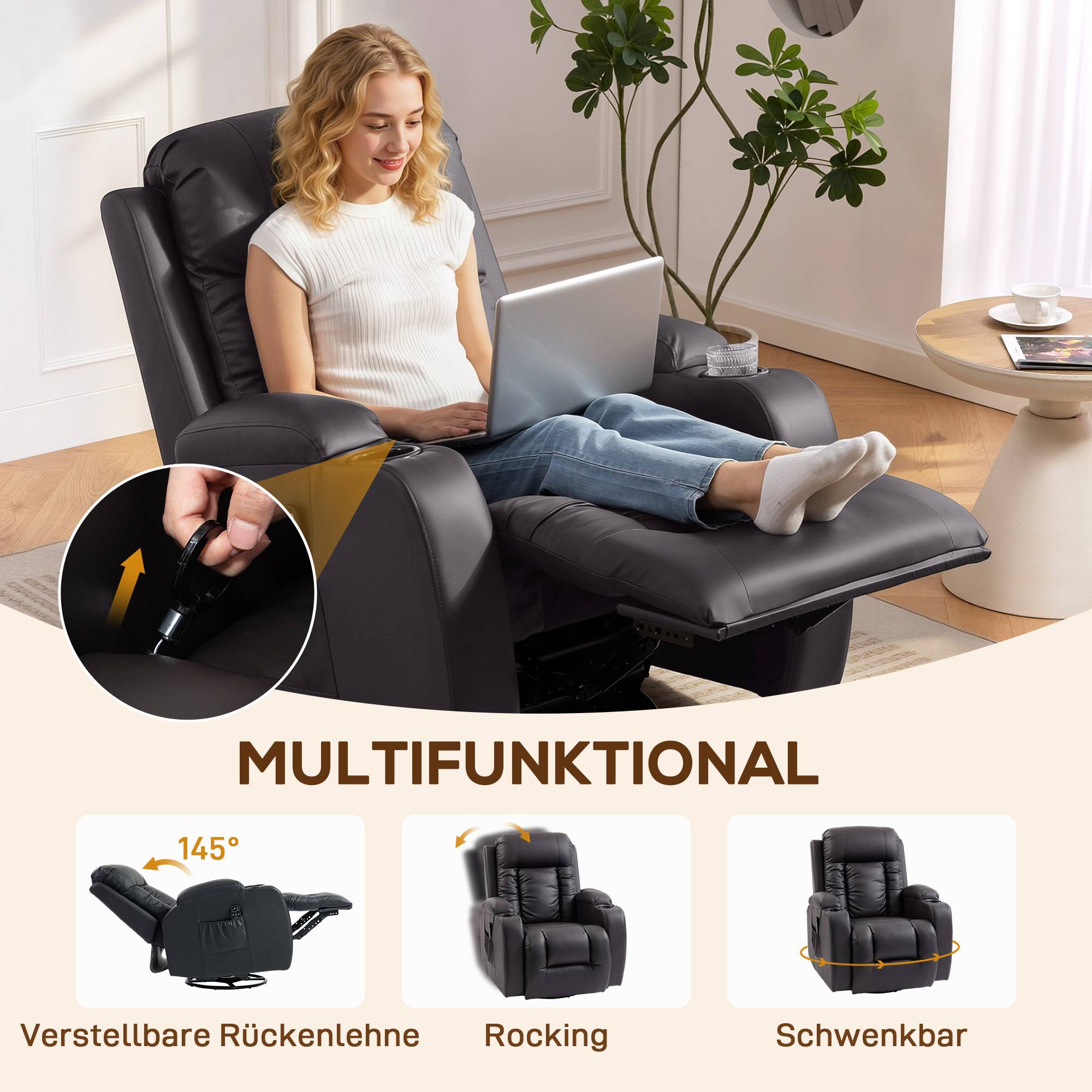 Fåtölj med massage, värme och snurrfunktion, mörkbrun