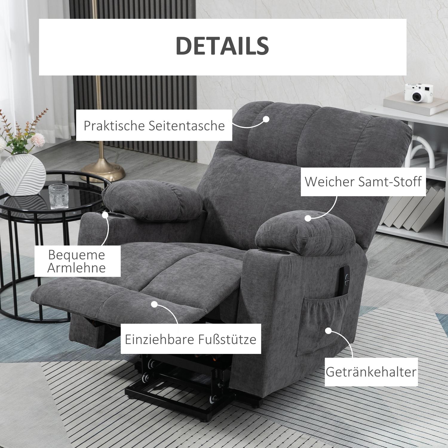 Elektrisk fåtölj med massage, värme, mörkgrå